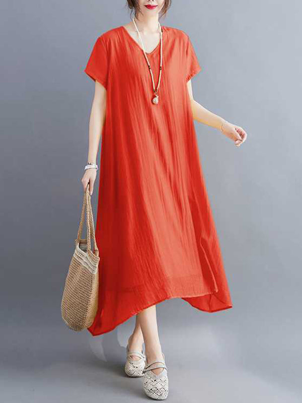 Solid Color A-Line Loose V-Neck Midi Dresses