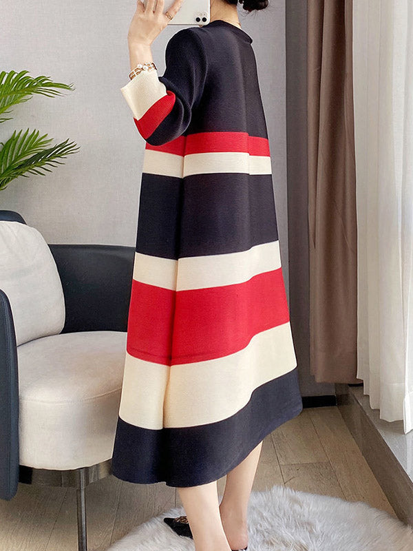 Pleated Striped A-Line Loose Round-Neck Midi Dresses
