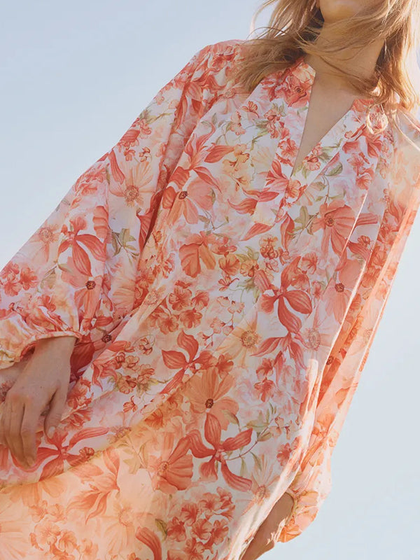 Floral Print Loose Long Sleeves Casual Maxi Dresses