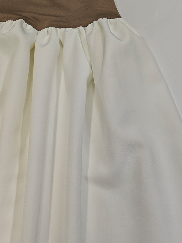 Contrast Color Pleated Split-Joint A-Line Flared Sleeves Round-Neck Mini Dresses