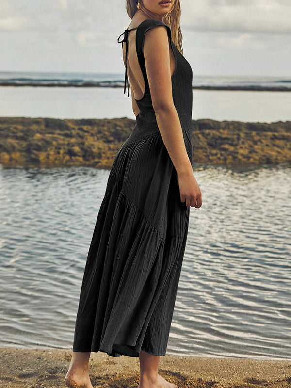 Backless Elasticity Lace-Up Pleated Solid Color Split-Joint Loose Sleeveless Square-Neck Maxi Dresses