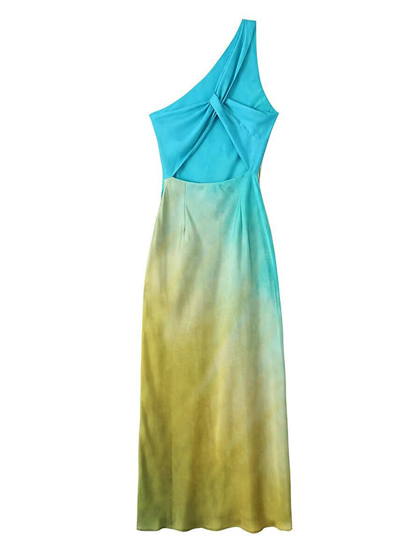 Gradient Color-Block Sleeveless Asymmetric Satin Maxi Dresses