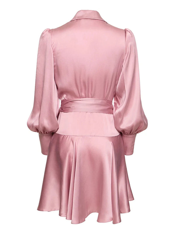 Solid Color Ruffled Long Sleeves Satin Elegant Mini Dresses