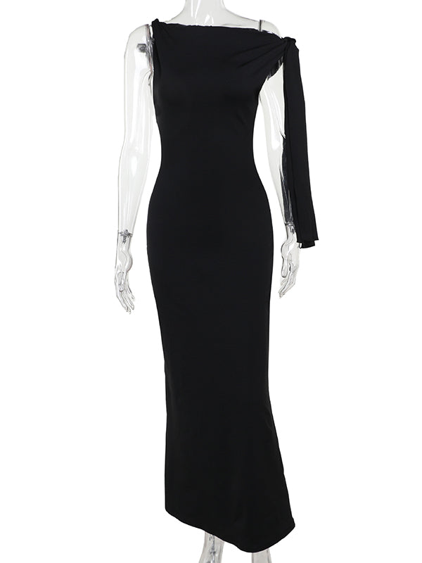 Asymmetric Solid Color Split-Joint Streamer Skinny Sleeveless One-shoulder Maxi Dresses Evening Dresses