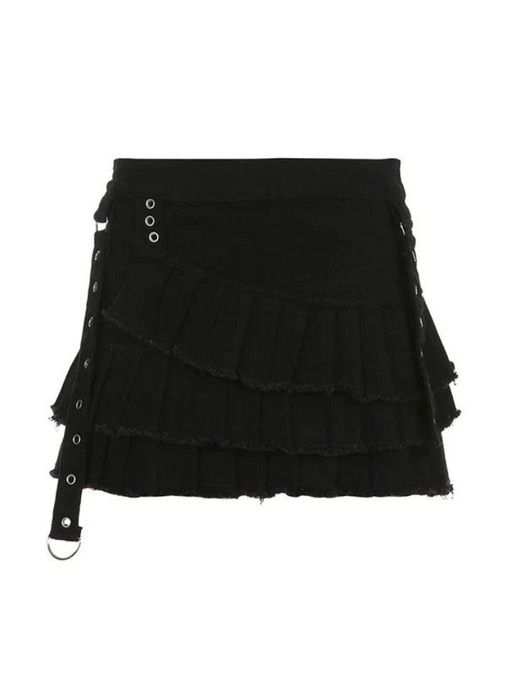 Tiered Pleated Denim Mini Skirt