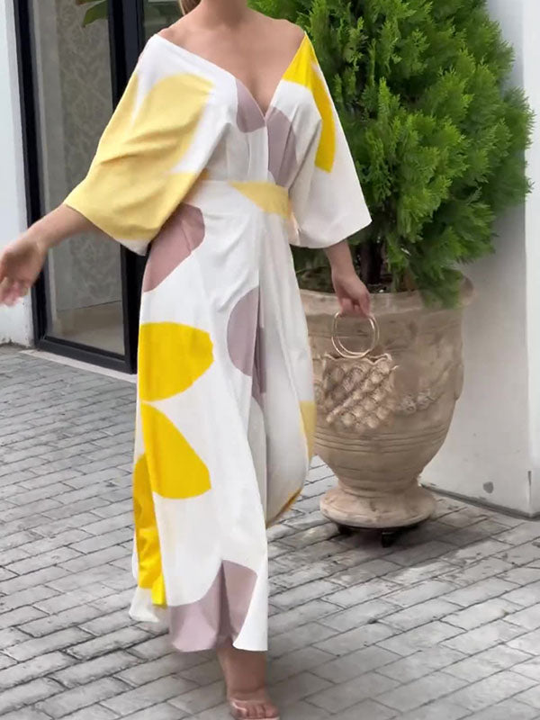 High-Waisted Printed Loose Raglan Sleeve Deep V-Neck Maxi Dresses