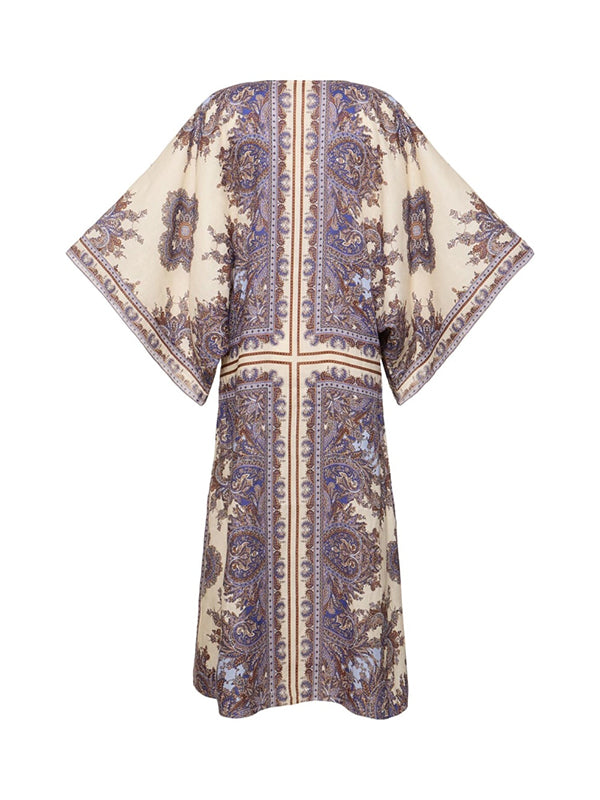 Flower Printed Batwing Sleeves Loose Elegant Kaftan
