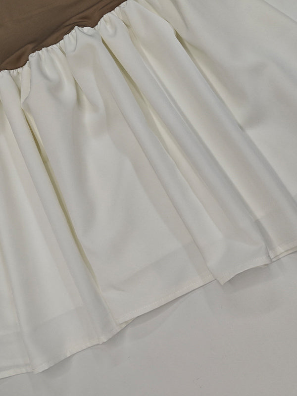 Contrast Color Pleated Split-Joint A-Line Flared Sleeves Round-Neck Mini Dresses