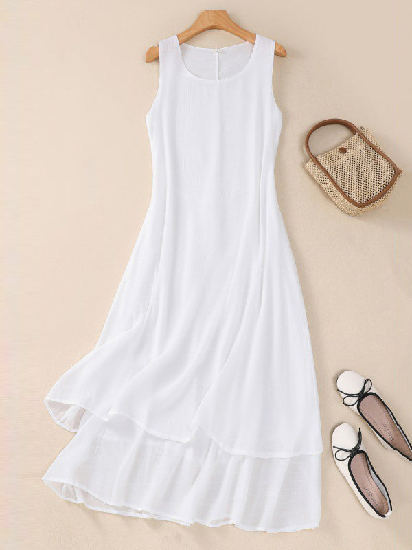 Double Layered Solid Color Tied Waist A-line Loose Round-neck Midi Dresses