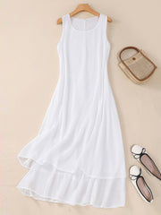 Double Layered Solid Color Tied Waist A-line Loose Round-neck Midi Dresses