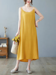 Solid Color Loose Sleeveless Spaghetti-Neck Midi Dresses