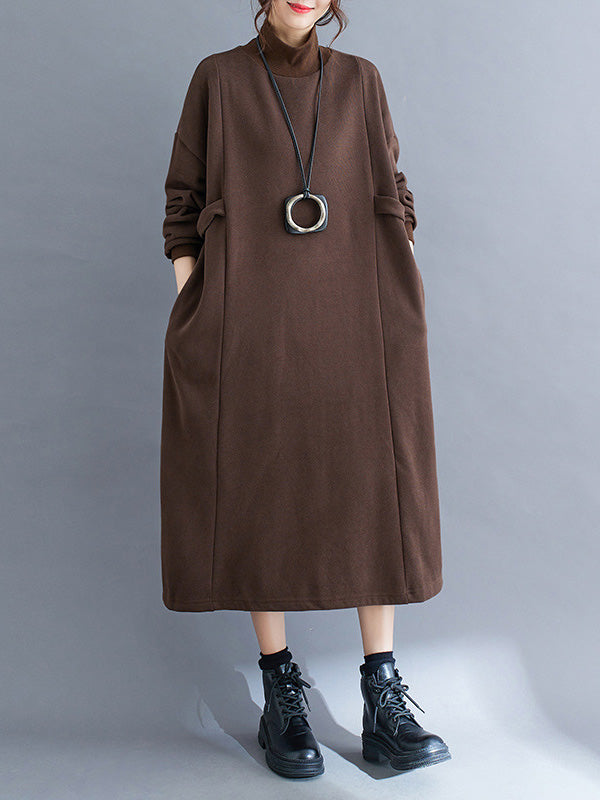 Solid Color A-Line Long Sleeves Mock Neck Midi Dresses