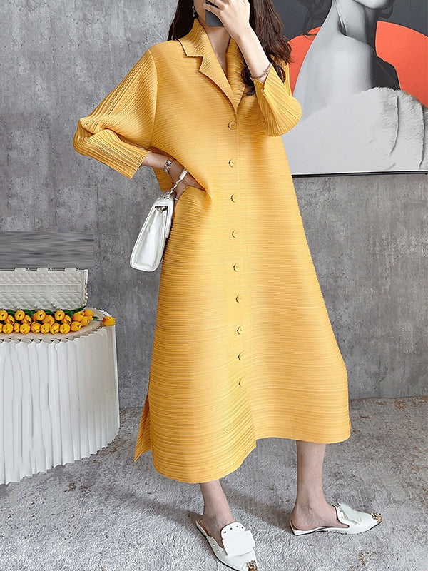 Fashion Solid Color Pleated Long Sleeves Shirt Dress Midi Dress