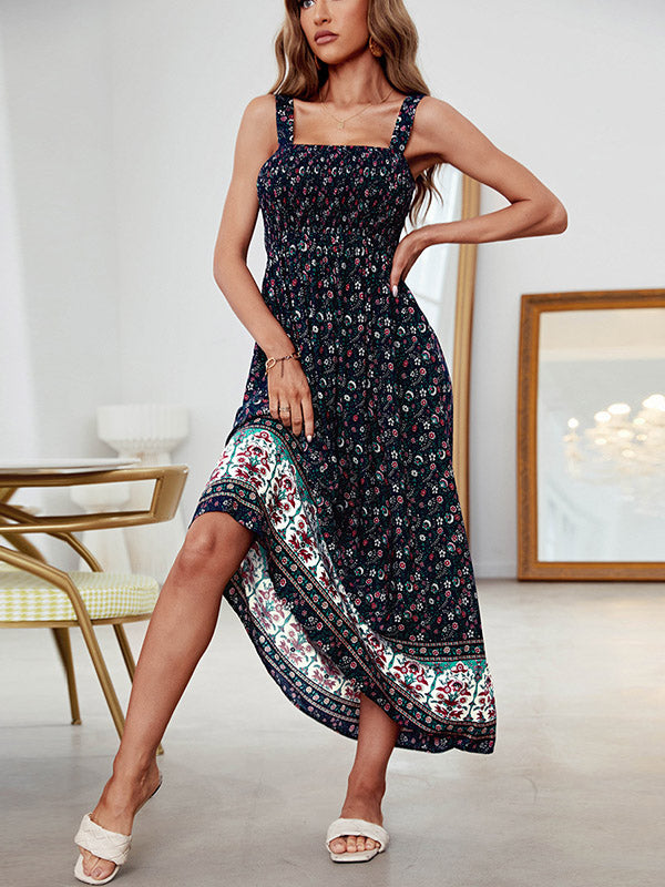 Vacation Sleeveless Floral U-Neck Dress