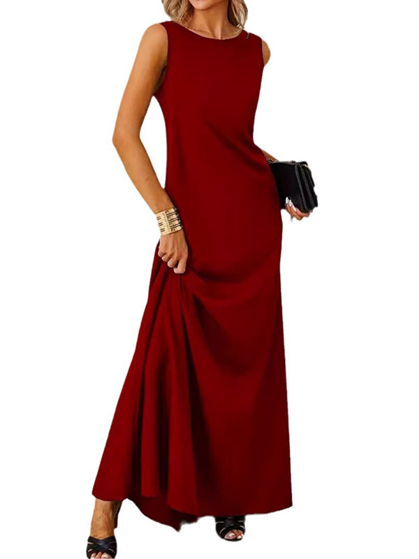 Solid Color A-Line Loose Round-Neck Maxi Dresses