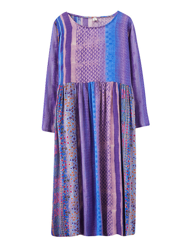 Vacation Long Sleeves Loose Contrast Color Striped Split-Joint Round-Neck Midi Dresses
