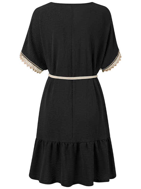 Belted Split-Joint Short Sleeves V-neck Mini Dresses