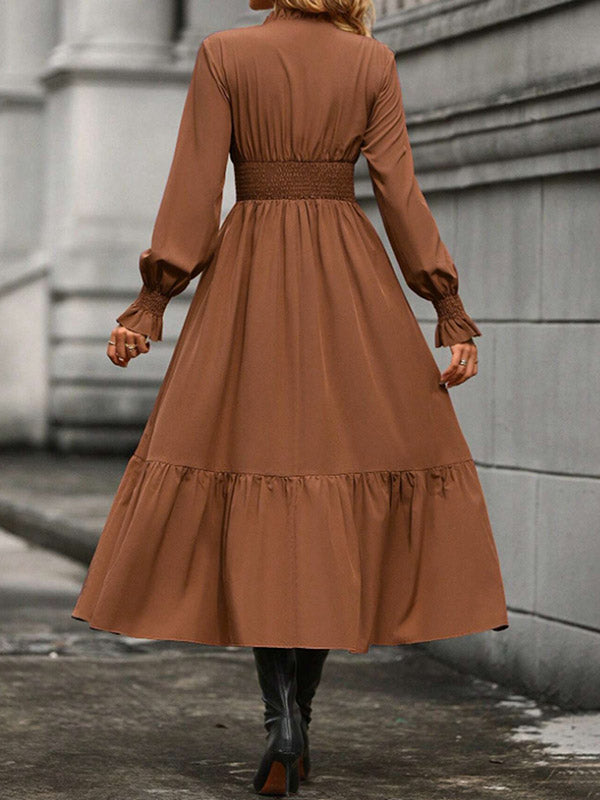 Elasticity Pleated Solid Color A-Line Flared Sleeves V-Neck Midi Dresses