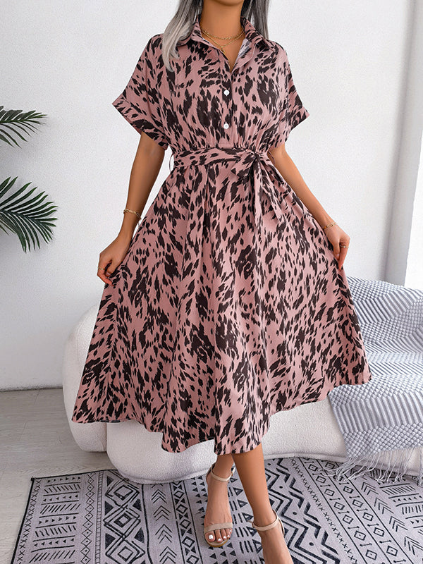 Leopard Ribbed Loose Short Sleeves Lapel Midi Dresses