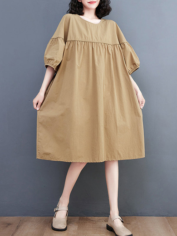 Solid Color Loose Short Sleeves Round-neck Midi Dresses