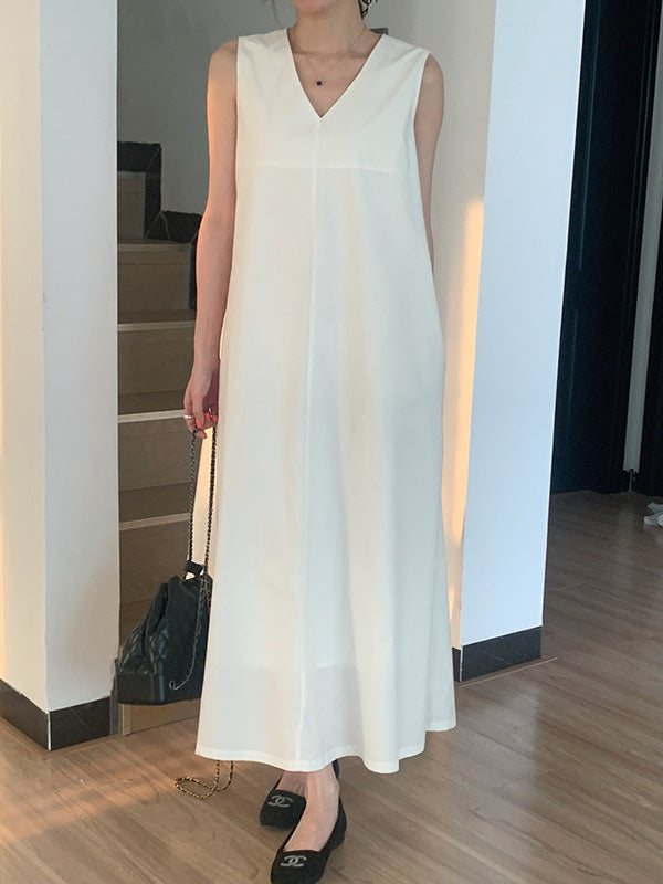 Solid Color Loose Sleeveless V-Neck Midi Dresses
