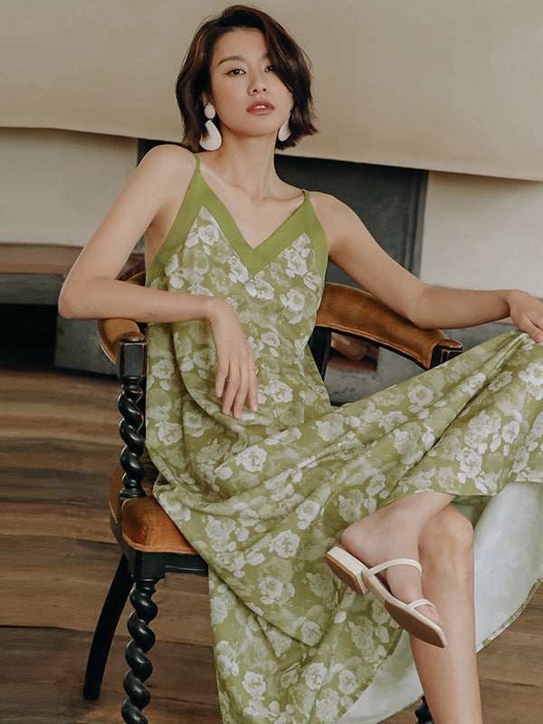 Vacation Sleeveless A-Line Floral Printed V-Neck Dress