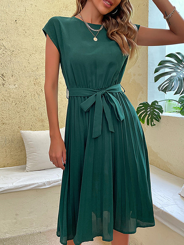Pleated Solid Color Tied Waist A-Line Loose Round-Neck Midi Dresses