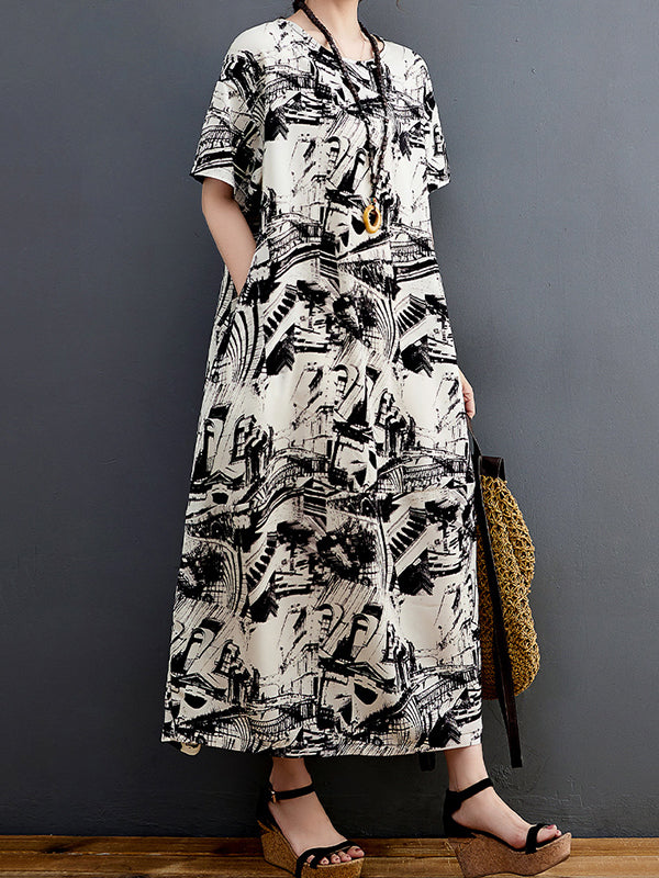 Abstract Printed Half Sleeves Loose Round-Neck Midi Dresses