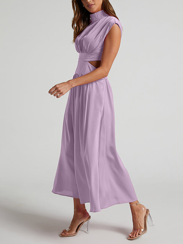 Belly-Hollow Pleated Solid Color Cap Sleeve Stand Collar Maxi Dresses