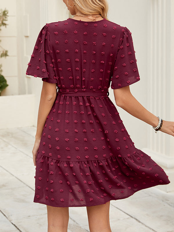 Jacquard Pleated Solid Color Tied Waist A-Line Flared Sleeves V-Neck Mini Dresses