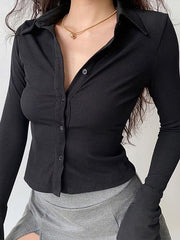 Bell Sleeve Plain Ribbed-Knit Slim-Fit Crop Shirt