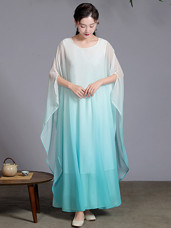 Artistic Retro Half Sleeves Loose Gradient Round-Neck Maxi Dresses