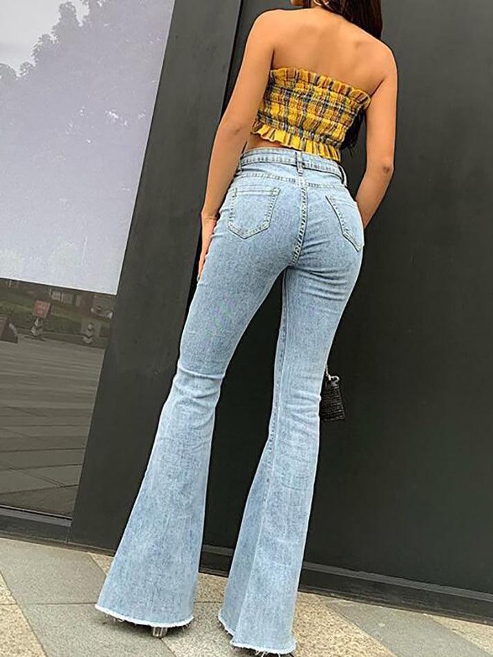 Mid Rise Washed Frayed Flared Jeans