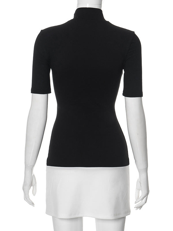 Contrast Color Split-Joint Short Sleeves Skinny High Neck Mini Dresses