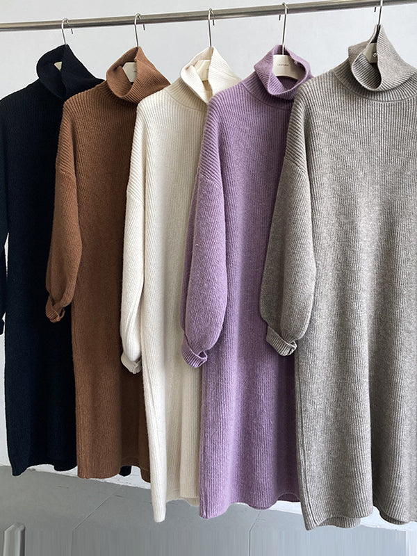 Urban Loose Puff Sleeves Solid Color High-Neck Sweater Dresses