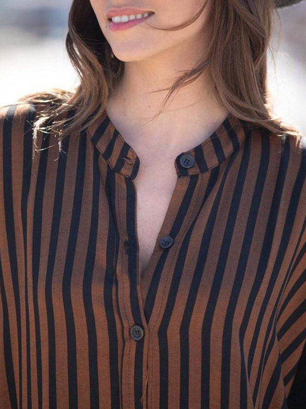 Buttoned Pockets Striped Batwing Sleeves Half Sleeves Round-Neck Maxi Dresses Beach Cover-Up