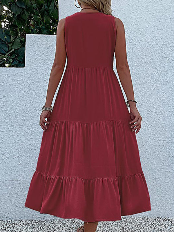 Pleated Split-Joint Loose Sleeveless V-Neck Midi Dresses