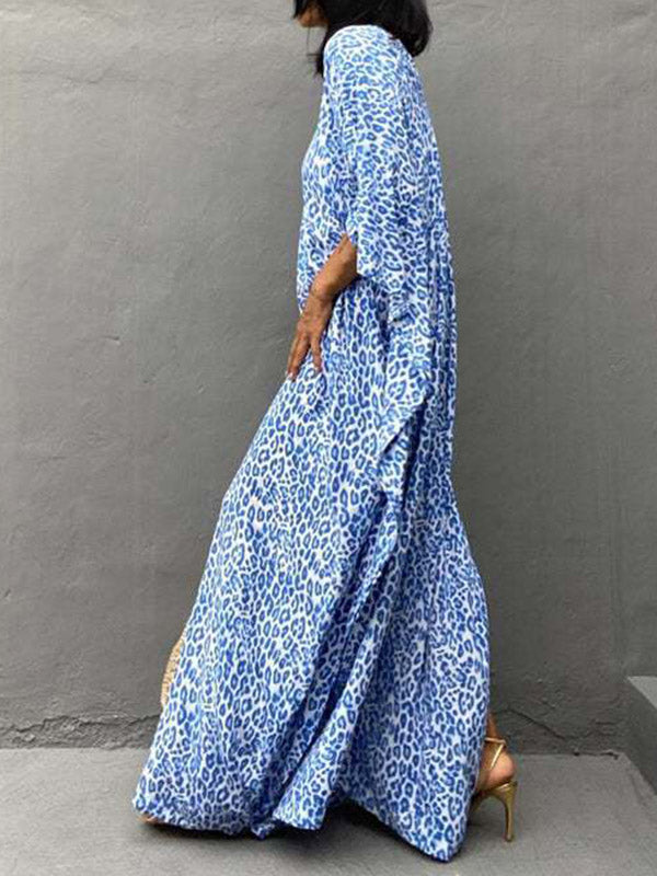 Leopard Split-Side Sun Protection Batwing Sleeves Loose V-Neck Maxi Dresses Cover-Ups Swimwear