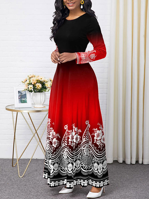 Contrast Color Floral Printed Long Sleeves Round-neck Maxi Dresses