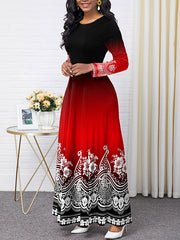 Contrast Color Floral Printed Long Sleeves Round-neck Maxi Dresses