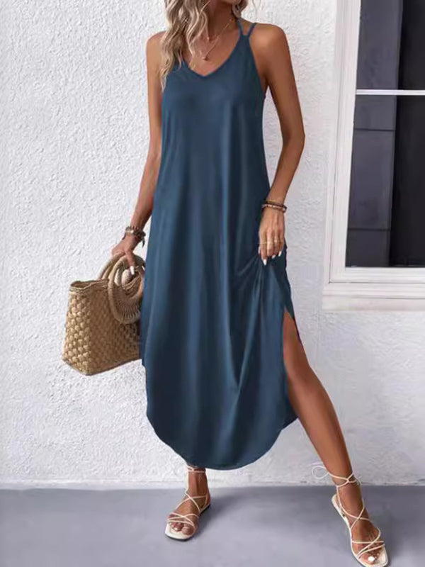 Solid Color Loose Plus Size Spaghetti-Neck Maxi Dresses