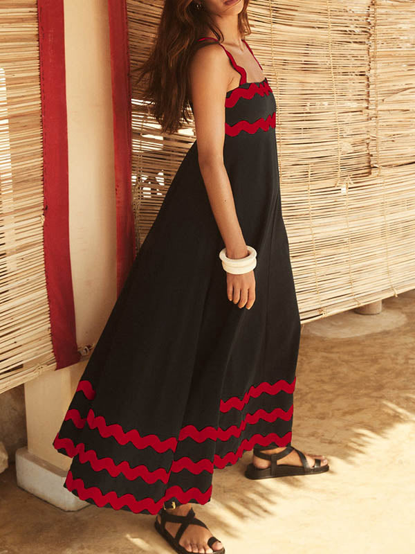 Contrast Color Zipper A-Line High Waisted Square-Neck Midi Dresses