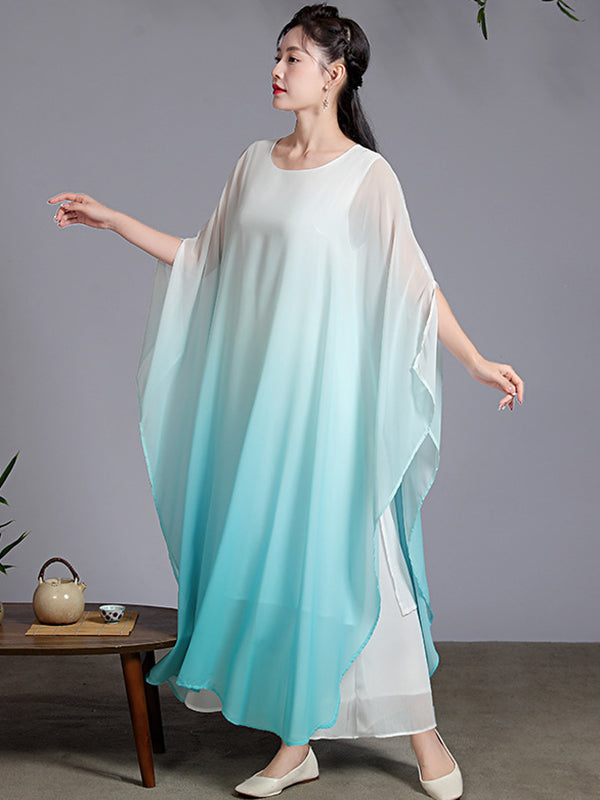 Artistic Retro Half Sleeves Loose Gradient Round-Neck Maxi Dresses
