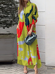 Buttoned Contrast Color Pockets Printed Split-Side Loose Wrap Shirt Dress