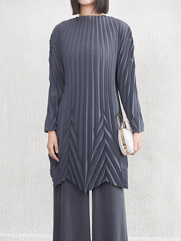 Pleated Solid Color A-Line Long Sleeves Round-Neck Mini Dresses