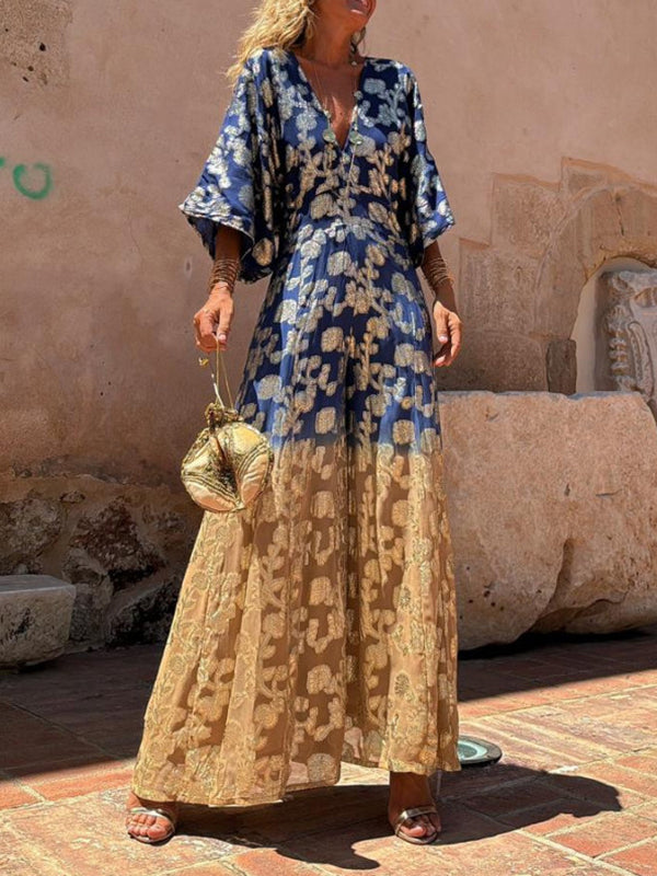 Flower Printed Gradient Color Half Sleeves Bohemia Maxi Dresses