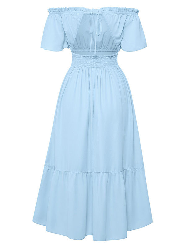 Vacation Short Sleeves A-Line Solid Color One-Shoulder Midi Dress