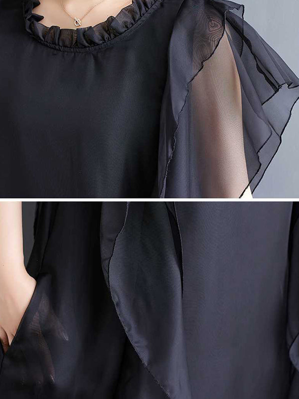 Falbala Ruffled Solid Color Loose Ruffle Sleeves Round-neck Midi Dresses