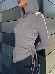 Asymmetrical Stitch Hooded Drawstring Top