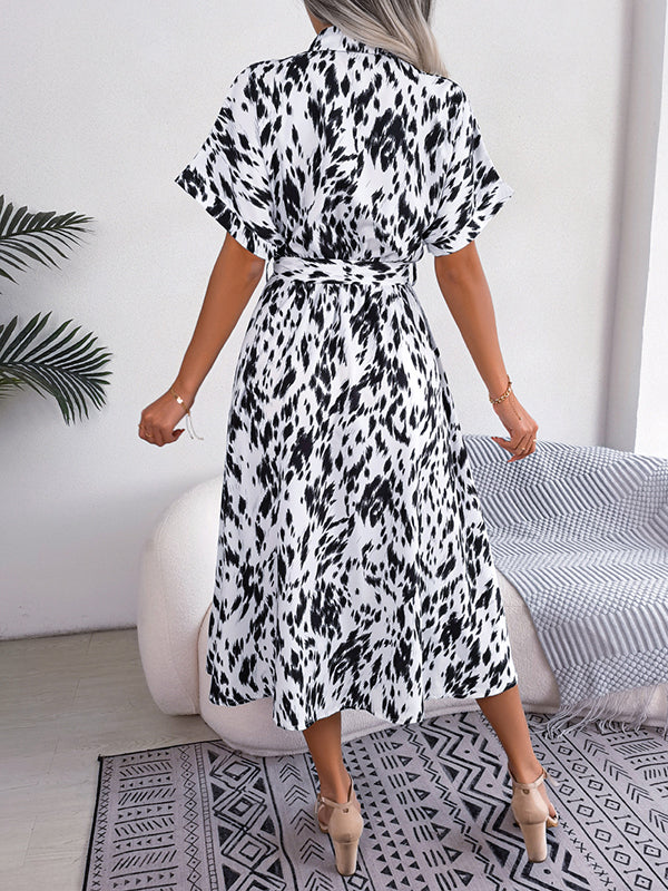 Leopard Ribbed Loose Short Sleeves Lapel Midi Dresses